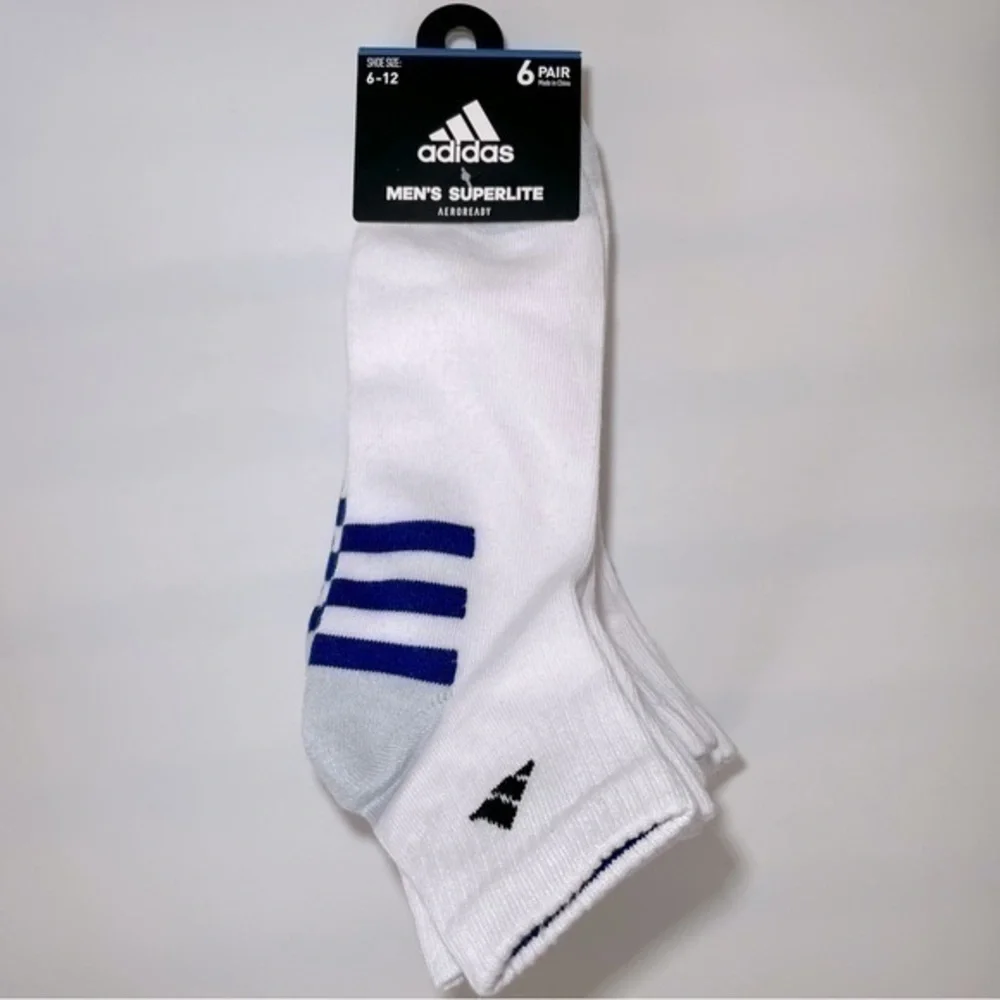 Adidas men’s quarter socks 6 pairs size 6-12 white blue gray